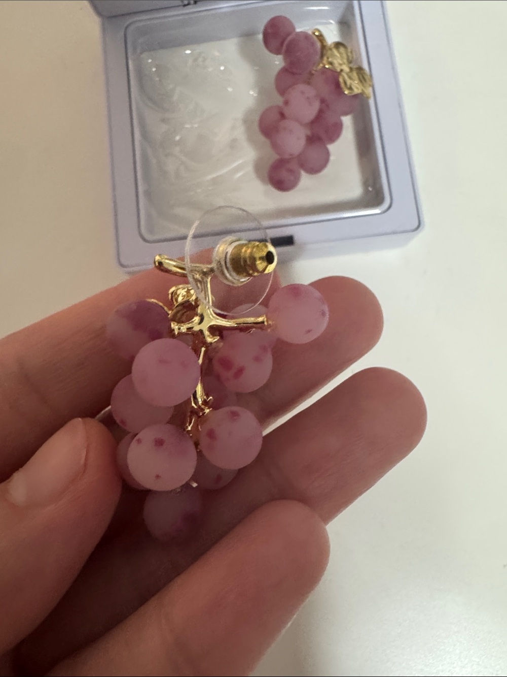 Gold Leaf Pink Grape Cluster Earrings - Women Jewelry - Picture 2 of 6